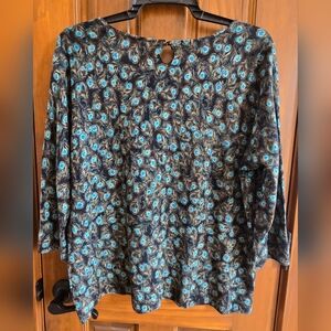 Talbots Blue and Black Feather Pattern Top